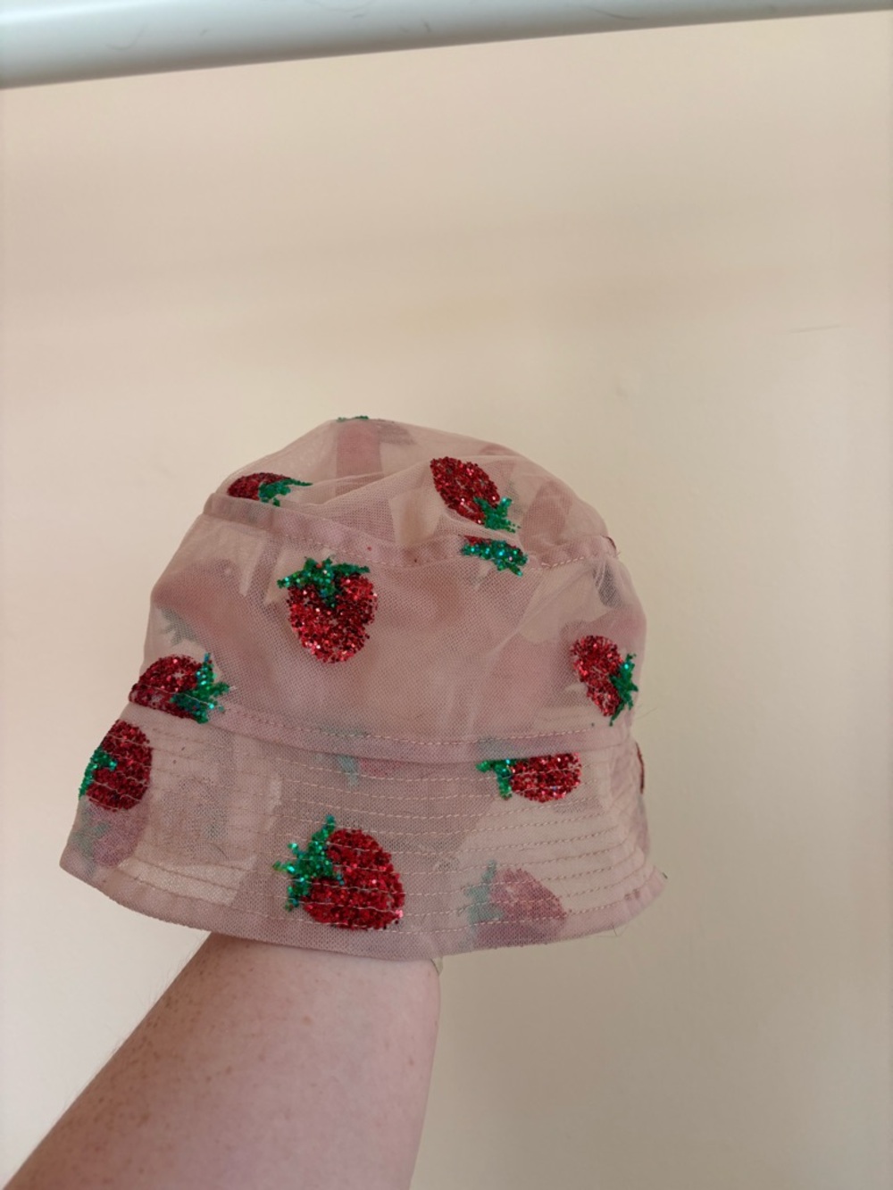 Lirika Matoshi Pink Mesh Bucket Hat with Red Strawberry Sequins